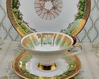 KRONSTER, Bavaria, Green,Gold ,Porcelain, 3 piece, Tea Cup, Saucer, Cake Plate,