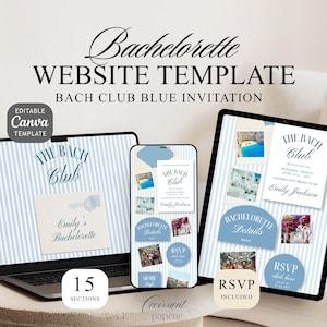 The Bach Club Bachelorette digitale uitnodiging websitesjabloon met RSVP, bewerkbare Canva-website, Bach Club Beach Girls reisroute