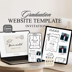 Puede incluir: Una plantilla de sitio web digital de graduación con diseños de invitación que se muestran en una computadora portátil, un teléfono y una tableta. Los diseños incluyen gorras de graduación, horarios de eventos y el texto "Estás invitado" y "RSVP".