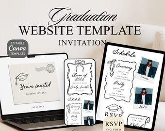 Plantilla de sitio web de graduación de la Clase de 2026 con RSVP, invitación digital Black Bow Coquette editable en Canva, invitación de graduación para chicas de secundaria.