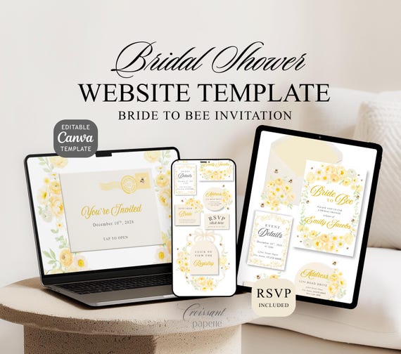 Bride to Bee Bridal Shower Website Template with RSVP Editable Canva Invite Regency Garden Bee Honey Bridal Shower Digital Invitation Floral