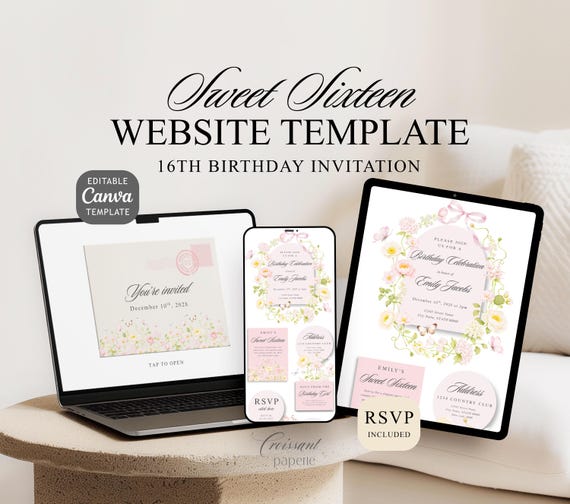 Sweet Sixteen Digital Invitation Website Template with RSVP, Editable Canva Website, Floral Garden 16th 15th Quinceañera Birthday Wildflower