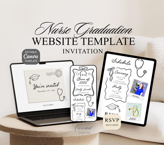 RN Nurse Graduation Website Template with RSVP, Black Bow Coquette Digital Invite Editable Canva Nursing School Grad Class of 2026