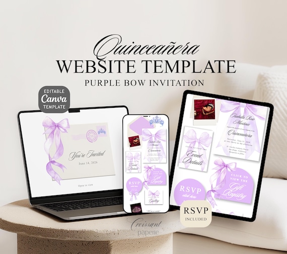 Purple Quinceanera Digital Invitation Website Template with RSVP, Editable Canva Website, Lilac Bow 15th Birthday Digital Invite quince años