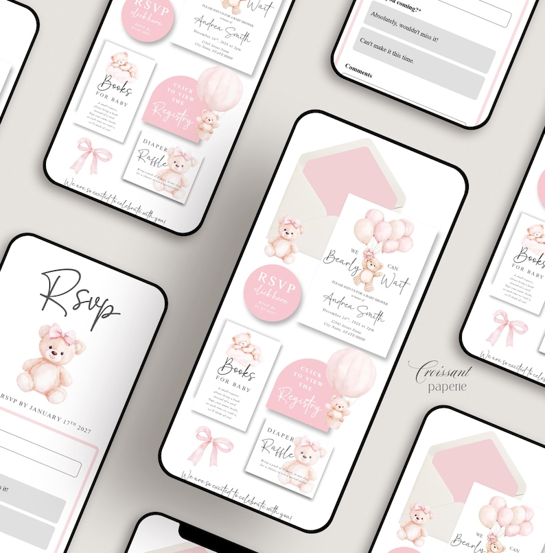 We Can Bearly Wait Baby Shower Website Template with RSVP, Editable Canva Website, Pink Bear Digital Invitation Digital Invite, Girl Baby