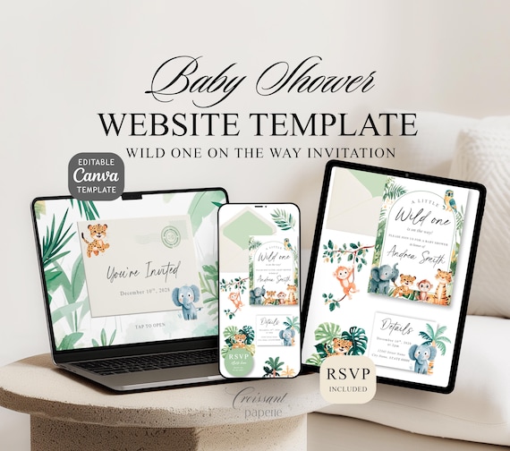 Wild One on the Way Baby Shower Website Template RSVP Safari Baby Shower Digital Invitation Editable Canva Website Jungle Digital Invite