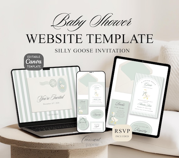 Silly Goose Baby Shower Website Template with RSVP, Editable Canva Website, Silly Goose on the Loose Digital Invitation Neutral Cottage