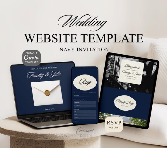 Wedding Website Template with RSVP, Navy & Ivory Editable Canva Wedding Website, Old Money Classic Digital Invitation (Digital Download)