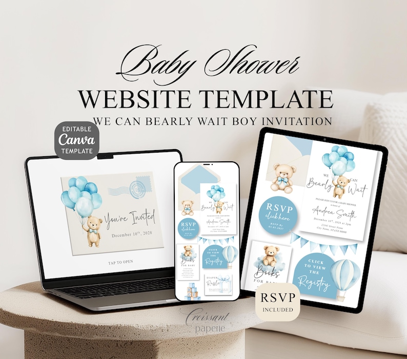 We Can Bearly Wait Baby Shower Website Template with RSVP, Editable Canva Website, Teddy Bear Invite, Digital Invitation