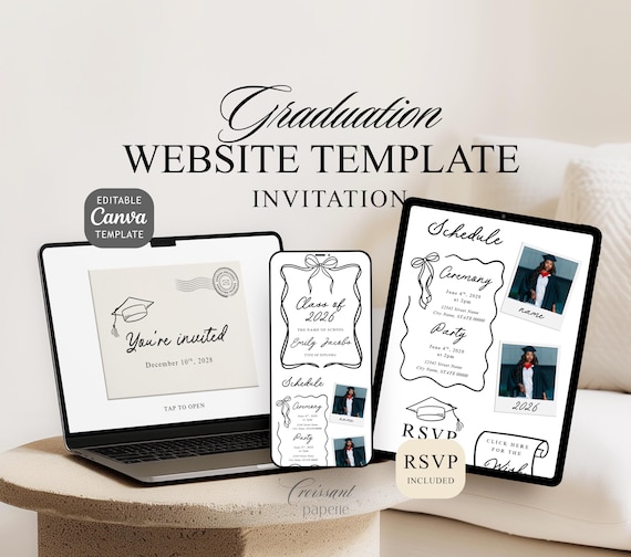 Class of 2026 Graduation Website Template with RSVP, Black Bow Coquette Digital Invite Editable Canva Girl Graduation Invitation High school