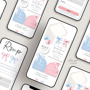 May include: Digital gender reveal invitations displayed on smartphones. The designs feature pink and blue bows, balloons, and text that reads "Team Boy" and "Team Girl." The invitations include RSVP details and the phrase "We are so excited to celebrate with you!"