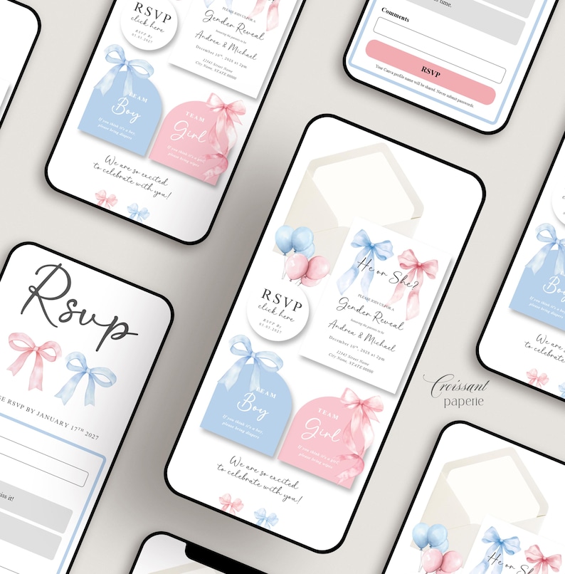 May include: Digital gender reveal invitations displayed on smartphones. The designs feature pink and blue bows, balloons, and text that reads "Team Boy" and "Team Girl." The invitations include RSVP details and the phrase "We are so excited to celebrate with you!"