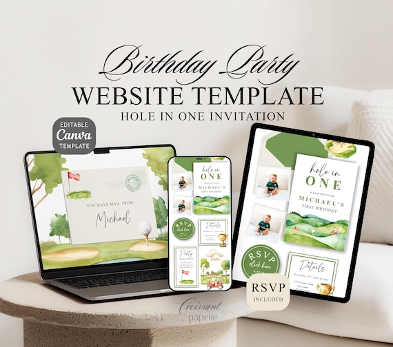 Hole In One Golf First Birthday Website Template RSVP Golfing 1st Birthday Digital Invitation Editable Canva Website Golf Digital Invite