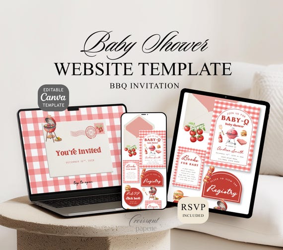 Baby-Q Barbecue Baby Shower Website Template with RSVP, Editable Canva Website, BBQ Party Baby Shower Digital Invitation