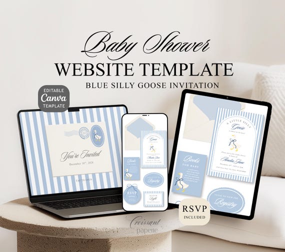 Silly Goose Baby Shower Invitation Website Template with RSVP, Editable Canva Website Silly Goose on the Loose Digital Invite Blue Boy Baby