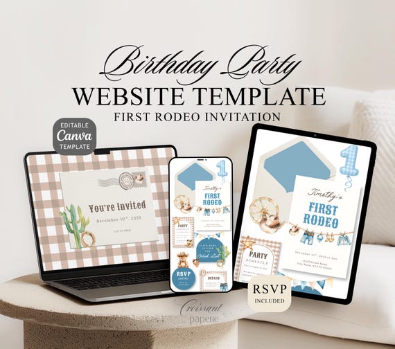 First Rodeo First Birthday Invitation Website Template with RSVP, Editable Canva Website Little Cowboy Digital Invite Blue Western Birthday