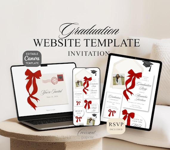Graduation Invitation Class of 2026 Canva Website with RSVP, Red Bow Coquette Digital Invite Editable Canva Girl Invitation Senior Red Black