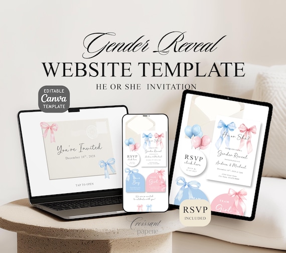 Gender Reveal Party Digital Invitation, He or She Website Template with RSVP, Editable Canva Website Boy or Girl Reveal Baby Shower Invite