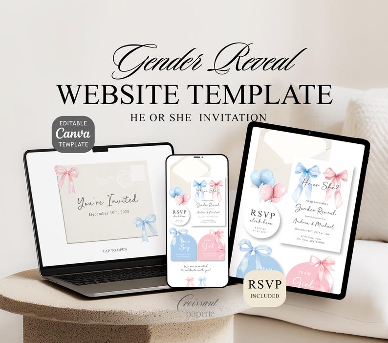 Gender Reveal Digital Invitation, He or She Website Template with RSVP, Editable Canva Website, He or She Baby Shower Invite, Digital Invitation Boy or Girl Reveal
