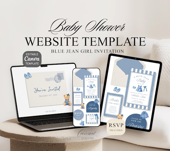 Blue Jean Baby Shower Website Template with RSVP, Editable Canva Website, Girl Denim Baby Shower Digital Invitation Western Baby Shower Girl