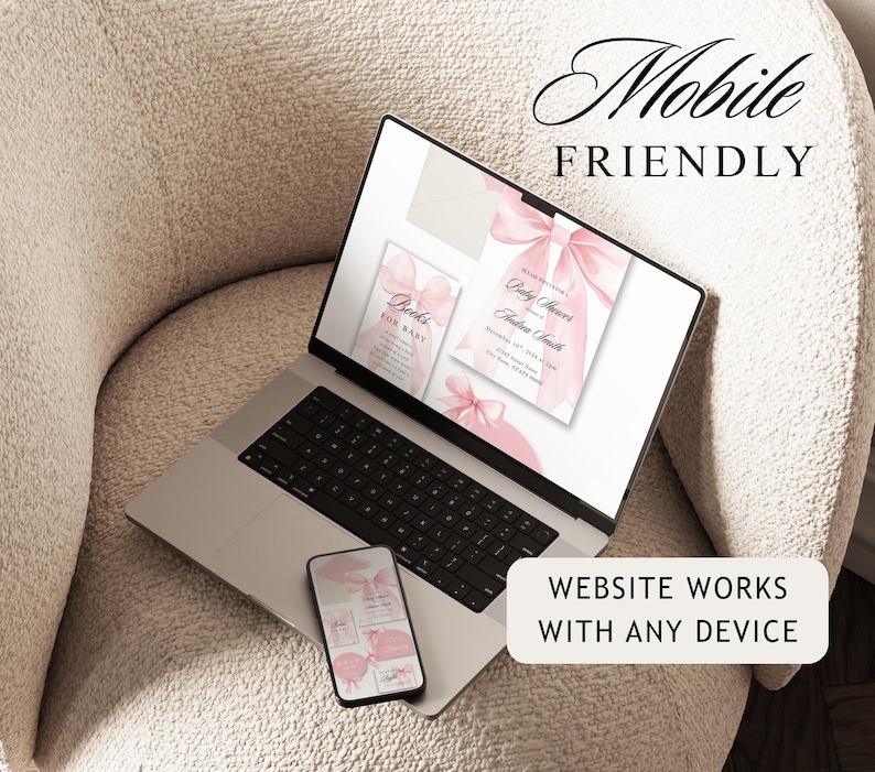 Pink Bow Baby Shower Website Template with RSVP, Editable Canva Website, Pink Bow Digital Invitation Pink Ribbon Coquette Girl Baby Shower
