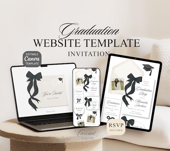Graduation Invitation Class of 2026 Canva Website with RSVP, Black Bow Coquette Digital Invite Editable Canva Girl Invitation Senior