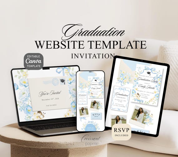 Graduation Party Invitation Website Template with RSVP Class of 2026 Editable Canva Website Blue Floral College Grad Digital Invite Bloom