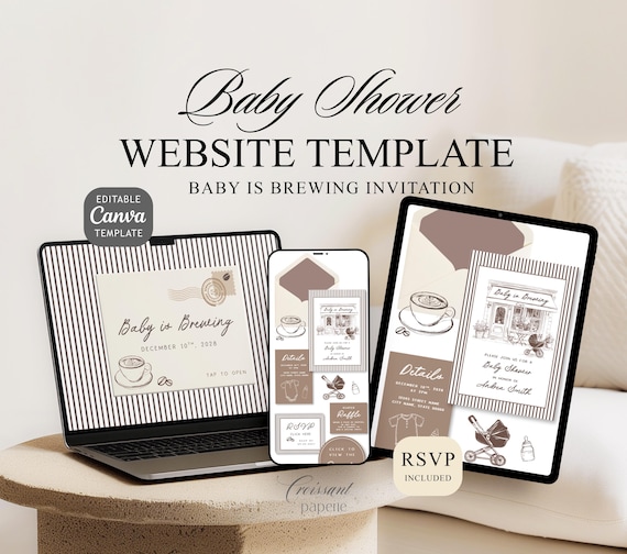 Baby is Brewing Baby Shower Website Template with RSVP, Editable Canva Website, Cafe Coffee Digital Invitation Bebe Cafe Baby Shower Invite