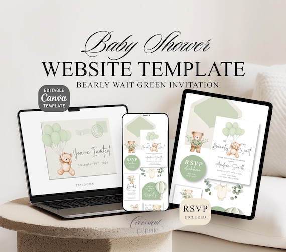 We Can Bearly Wait Baby Shower Website Template with RSVP, Editable Canva Website, Neutral Green Teddy Bear Invite, Digital Invitation