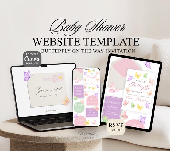 A Little Butterfly Is on the Way Baby Shower Website Template with RSVP, Digital Invitation Editable Canva Website, Butterfly Baby Shower