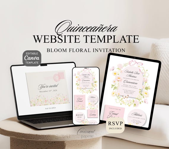 Floral Quinceanera Digital Invitation Website Template with RSVP, Editable Canva Website, Bloom 15th Birthday Digital Invitation Garden