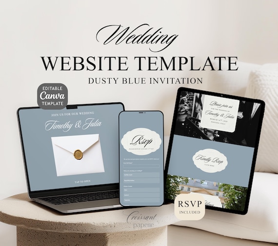 Dusty Blue Wedding Website Template with RSVP, Dusty Blue Editable Canva Wedding Website, Old Money Classic Digital Invitation