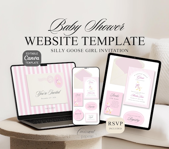 Silly Goose Baby Shower Website Template with RSVP, Pink Goose Editable Canva Website, Baby Girl Shower Digital Invite, Digital Invitation,