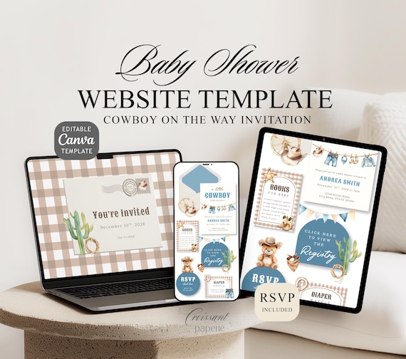 A Little Cowboy is On the Way Baby Shower Website Template with RSVP, Cowboy Baby Shower Invitation Editable Canva Website, Digital Boy Baby