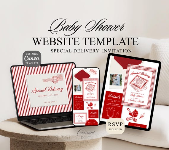 Special Delivery Pizza Baby Shower Website Template with RSVP, Editable Canva Website, Special Delivery Baby Shower Digital Invitation
