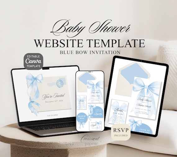 Blue Bow Boy Baby Shower Website Template with RSVP, Editable Canva Website, Blue Bow Digital Invitation Blue Ribbon Boy Baby Shower