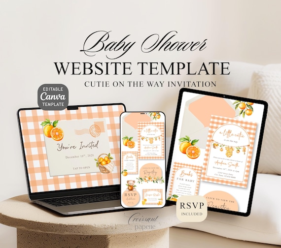 A Little Cutie is on the Way Baby Shower Website Template with RSVP, Editable Canva Website, Citrus Orange Baby Shower Digital Invitation