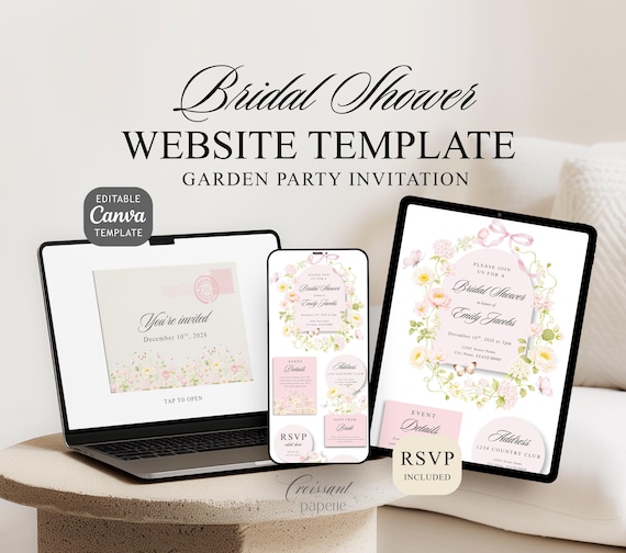 Garden Party Bridal Shower Website Template with RSVP, Editable Canva Website, Wildflower Bridal Shower Digital Invitation Floral Invite
