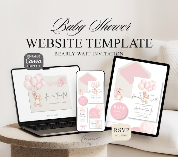 We Can Bearly Wait Baby Shower Website Template with RSVP, Editable Canva Website, Pink Bear Digital Invitation Digital Invite, Girl Baby
