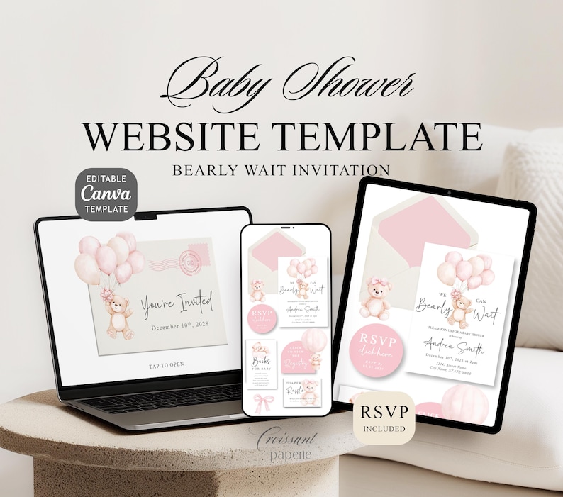We Can Bearly Wait Baby Shower Website Template with RSVP, Editable Canva Website, Pink Bear Digital Invitation Digital Invite, Girl Baby