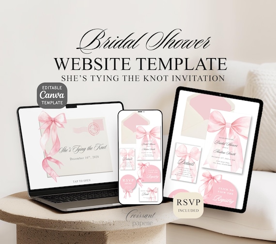 She's Tying the Knot Bridal Shower Website Template with RSVP, Editable Canva Website, Pink Bow Bridal Shower Digital Invitation Pink Ribbon