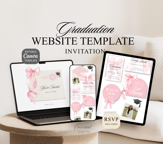 Graduation Invitation Class of 2026 Canva Website with RSVP, Pink Bow Coquette Digital Invite Editable Canva Girl Invitation Senior Blush