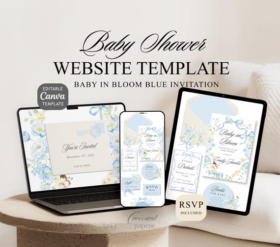 Baby In Bloom Boy Baby Shower Website Template with RSVP Editable Canva Website Garden Wildflower Baby Shower Digital Invitation Butterfly