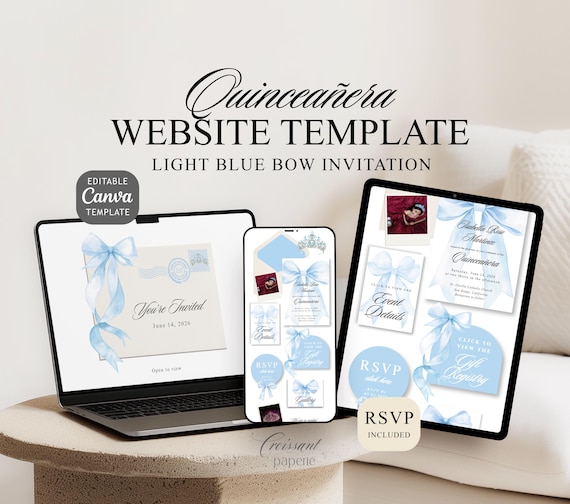 Blue Quinceanera Digital Invitation Website Template with RSVP, Editable Canva Website, Blue Bow 15th Birthday Digital Invitation Blue