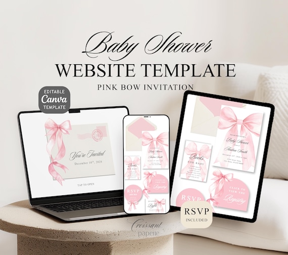 Pink Bow Baby Shower Website Template with RSVP, Editable Canva Website, Pink Bow Digital Invitation Pink Ribbon Coquette Girl Baby Shower