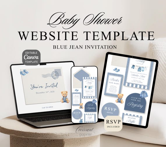 Blue Jean Baby Shower Website Template with RSVP, Editable Canva Website, Denim Western Digital Invitation Bear Digital Website Invite,