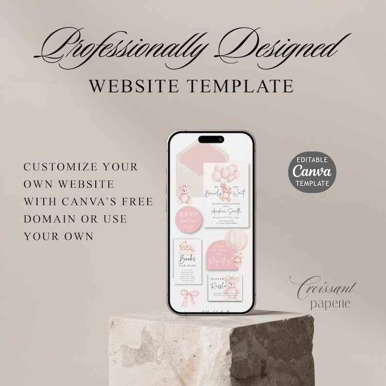 We Can Bearly Wait Baby Shower Website Template with RSVP, Editable Canva Website, Pink Bear Digital Invitation Digital Invite, Girl Baby