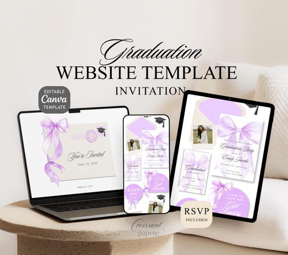 Graduation Invitation Class of 2026 Canva Website with RSVP, Purple Bow Coquette Digital Invite Editable Canva Girl Invitation Senior Lilac