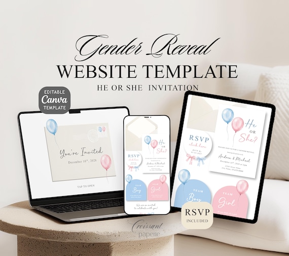Gender Reveal Party Digital Invitation, He or She Website Template with RSVP, Editable Canva Balloon Boy or Girl Reveal Baby Shower Invite