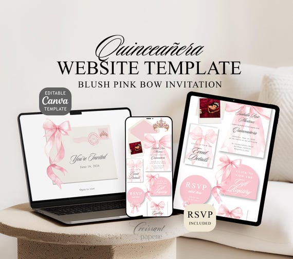 Pink Quinceanera Digital Invitation Website Template with RSVP, Editable Canva Website, Pink Bow 15th Birthday Digital Invitation Pink